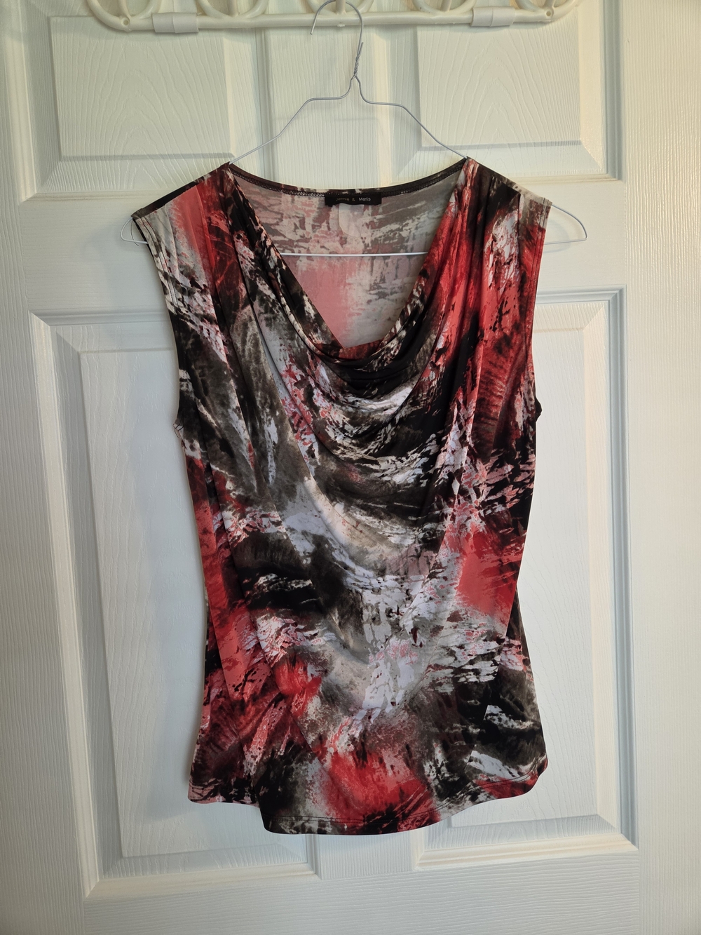 Women's Red Orange Abstract Cowl Neck Top